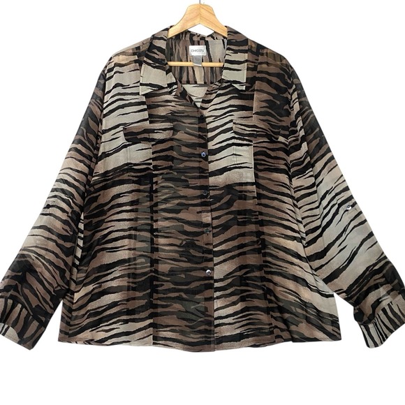 Chico's Tops - Chicos Tiger Button-Up Silk Blouse Womens 2X Casual Chic Mature Layering Sheer